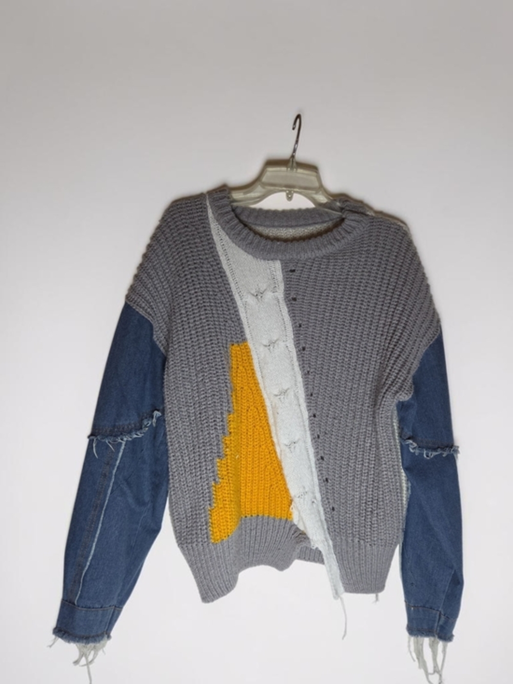 Gray & Yellow Mixed-Knit Women's Sweater with Denim Sleeves